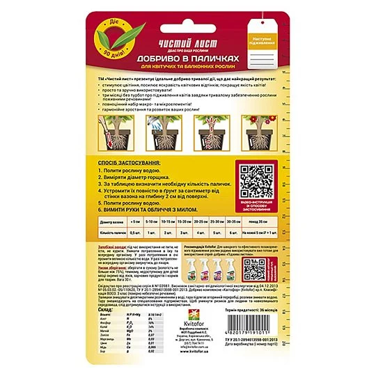 Добриво Чистий лист у паличках 30 штук для квітучих рослин, Kvitofor - Фото 2